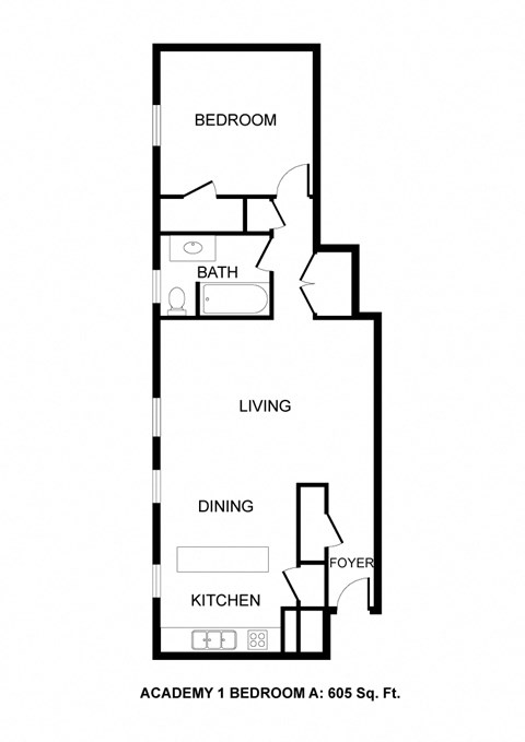 Floor plan for 1 bed, 1 bath, 605 sqft